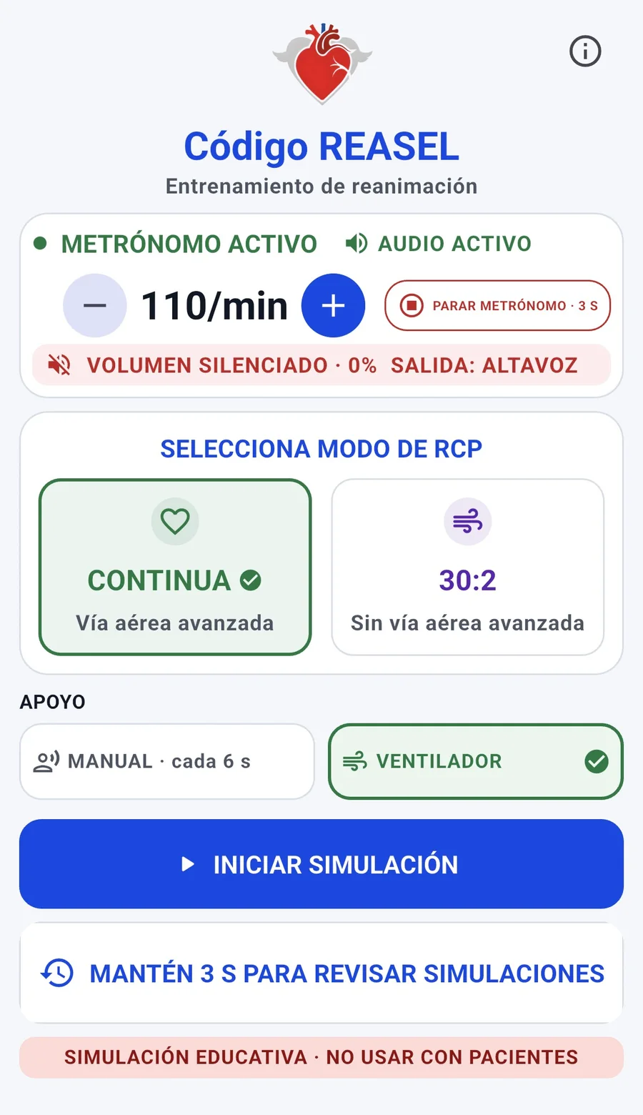 Pantalla de configuración de Código REASEL antes de iniciar una simulación