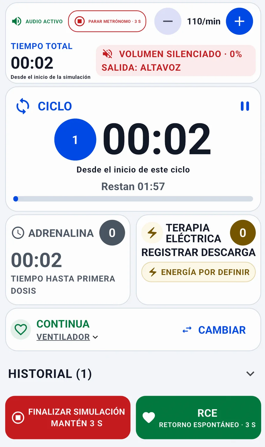 Pantalla de Código REASEL durante una simulación de RCP