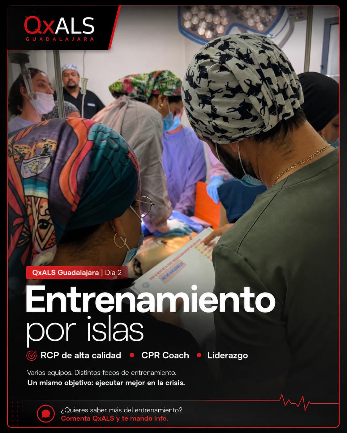 Participantes trabajan por estaciones con distintos objetivos dentro de una simulación QxALS.