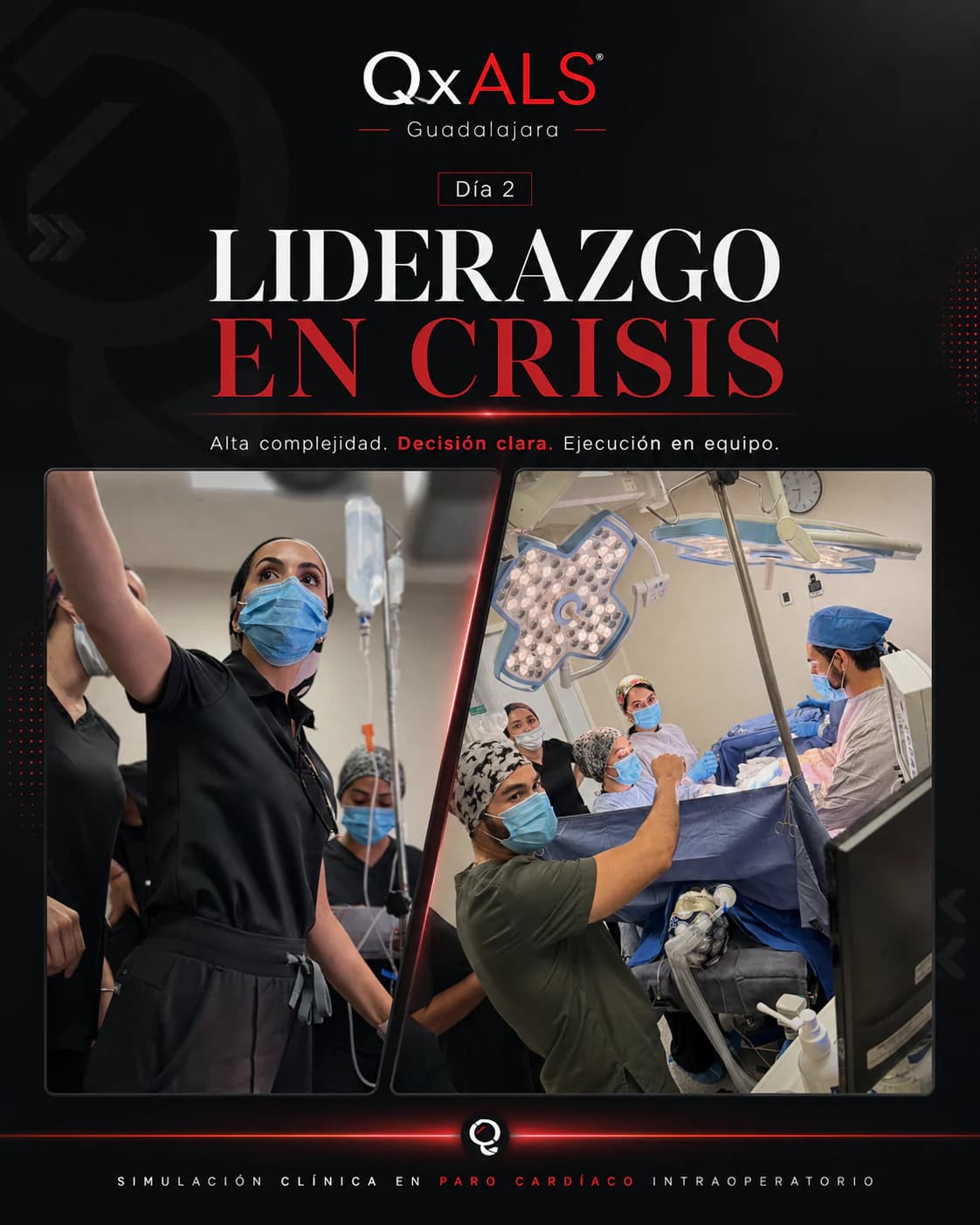 Profesionales coordinan un escenario simulado de crisis intraoperatoria durante QxALS Adulto.