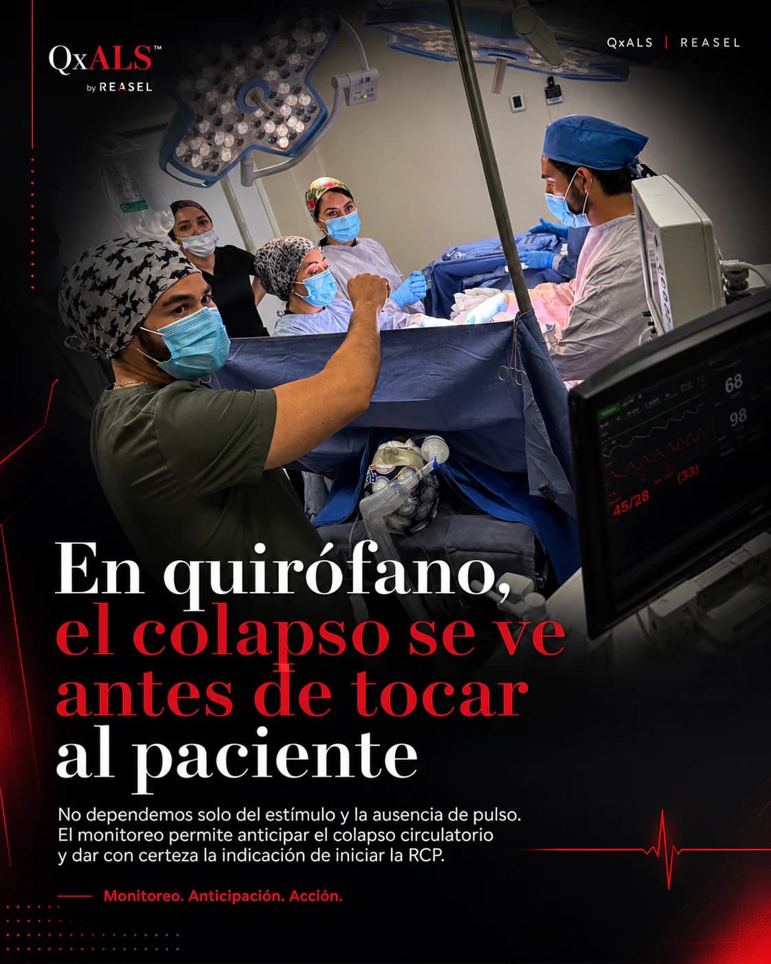 Equipo observa el monitor y coordina acciones ante un colapso circulatorio simulado.
