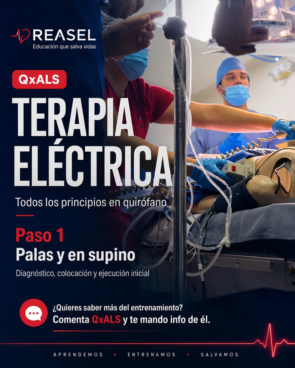 Equipo practica terapia eléctrica sobre un simulador en posición supina.