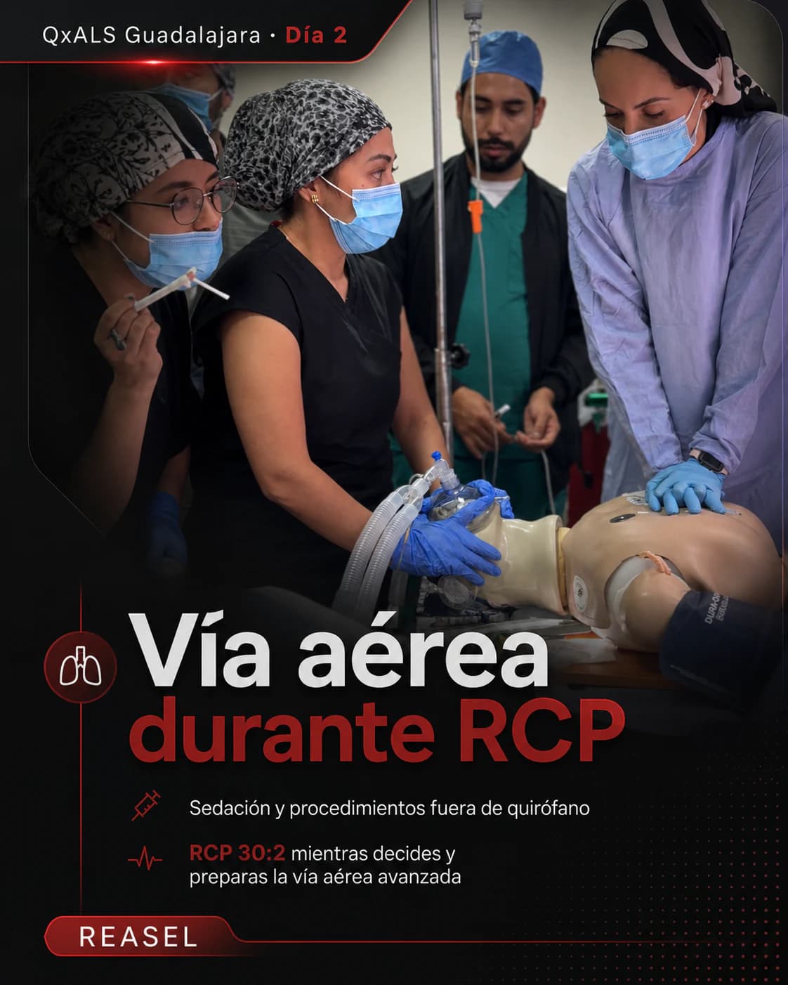 Equipo practica ventilación y compresiones sobre un simulador durante un escenario de reanimación.